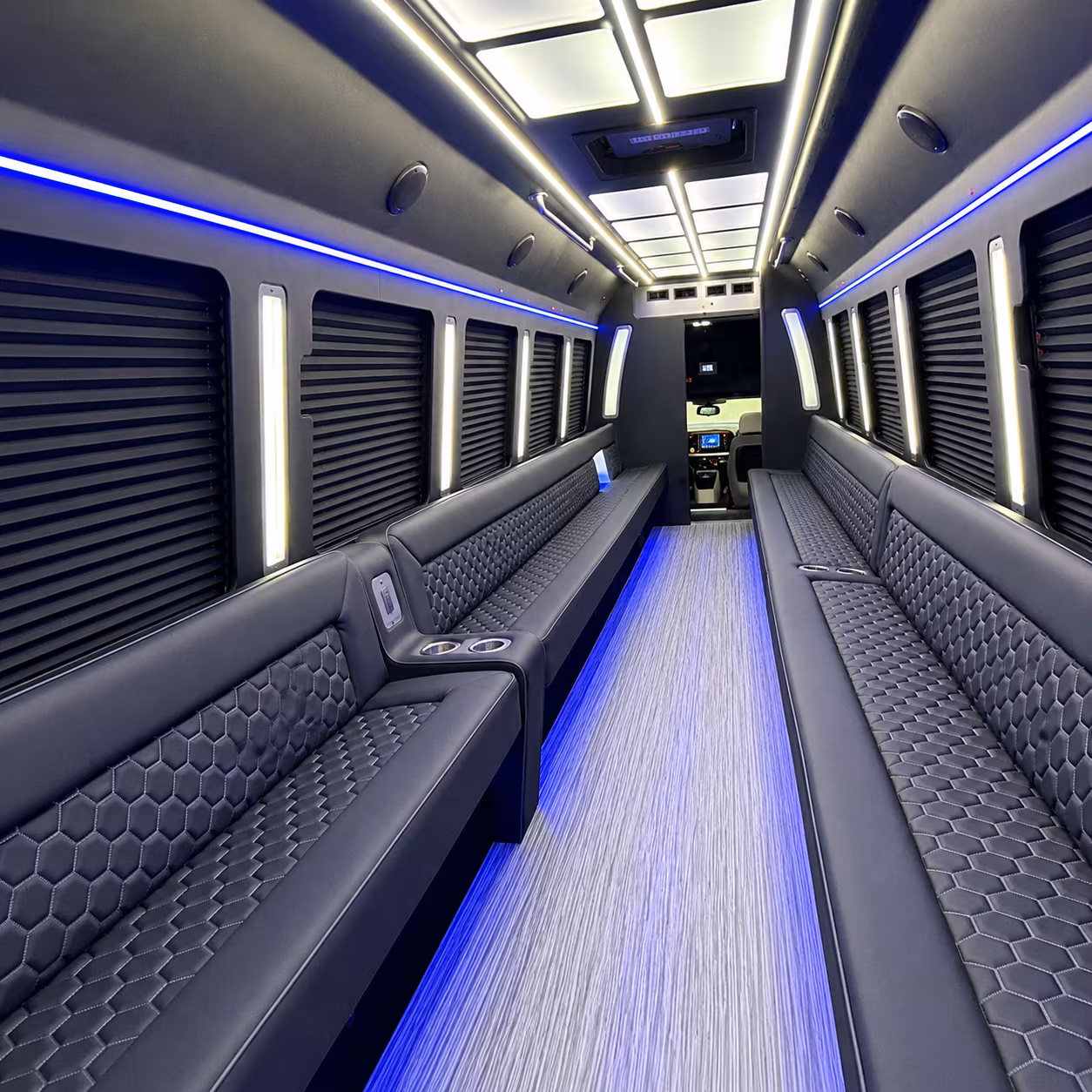 Interior of a party bus rental serving Newark